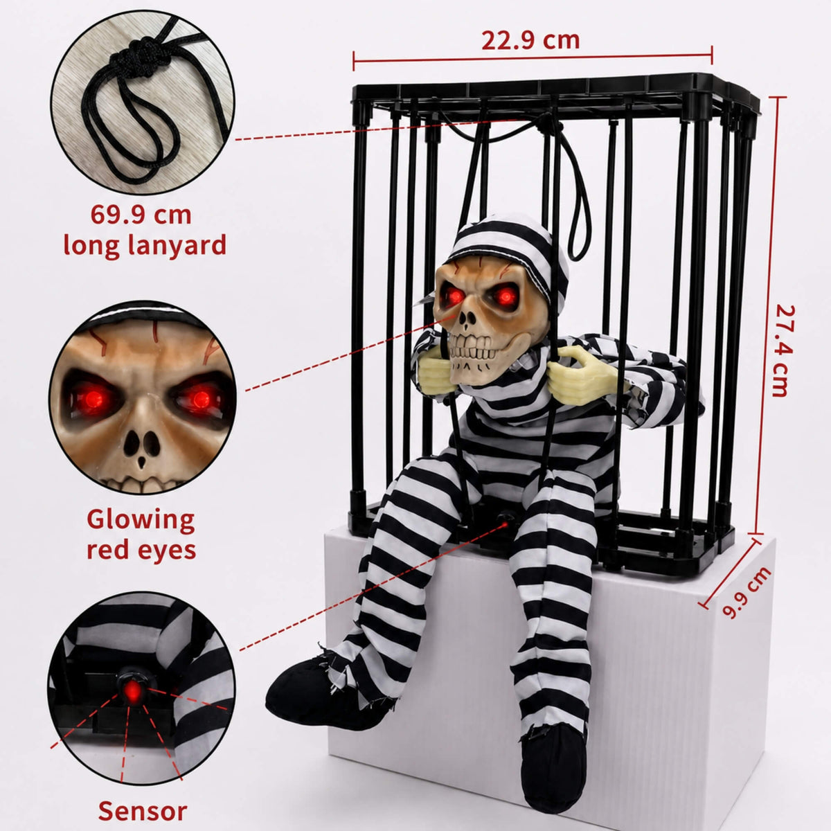 Animatronic skeleton in hanging cage Halloween decoration, product features