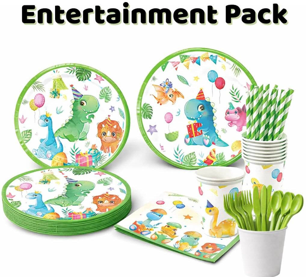 Children's party entertainment pack with dinosaur-themed plates, cups, straws, and utensils on a white background.