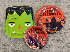 Mix of Halloween paper plates including Frankenstein's Monster theme