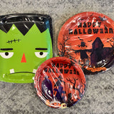 Mix of Halloween paper plates including Frankenstein's Monster theme