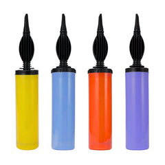 Hand balloon pump for kids party decorations, set of 4 in yellow, blue, orange and purple.