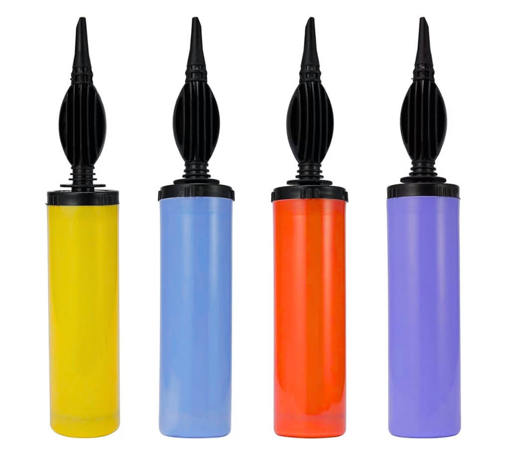 Hand balloon pump for kids party decorations, set of 4 in yellow, blue, orange and purple.