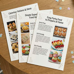 Kids party food guide printouts showing catering ideas, simple cook at home food ideas, and easy party food recipes, supermarket kids party food laid flat on a timber surface with confetti.