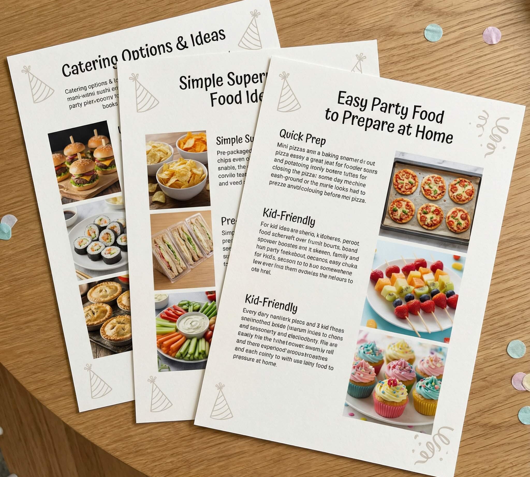 Kids party food guide printouts showing catering ideas, simple cook at home food ideas, and easy party food recipes, supermarket kids party food laid flat on a timber surface with confetti.