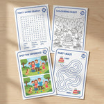 Kids party activity sheets including word search, colouring sheet, spot the difference and bonus kids party games, laid out on a timber surface.