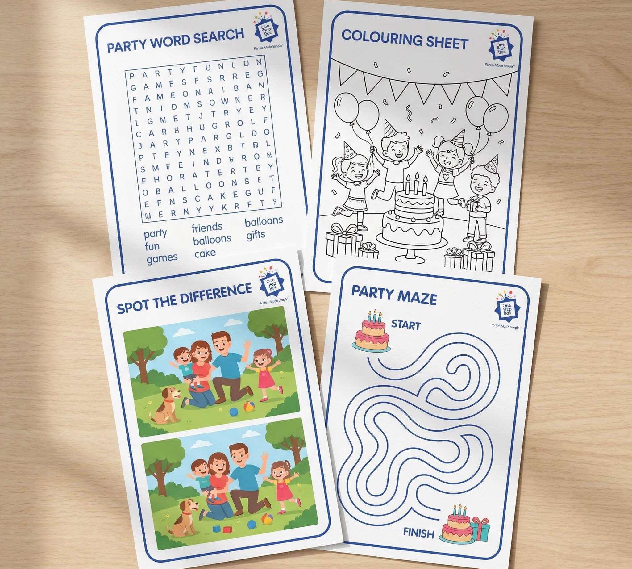 Kids party activity sheets including word search, colouring sheet, spot the difference and bonus kids party games, laid out on a timber surface.