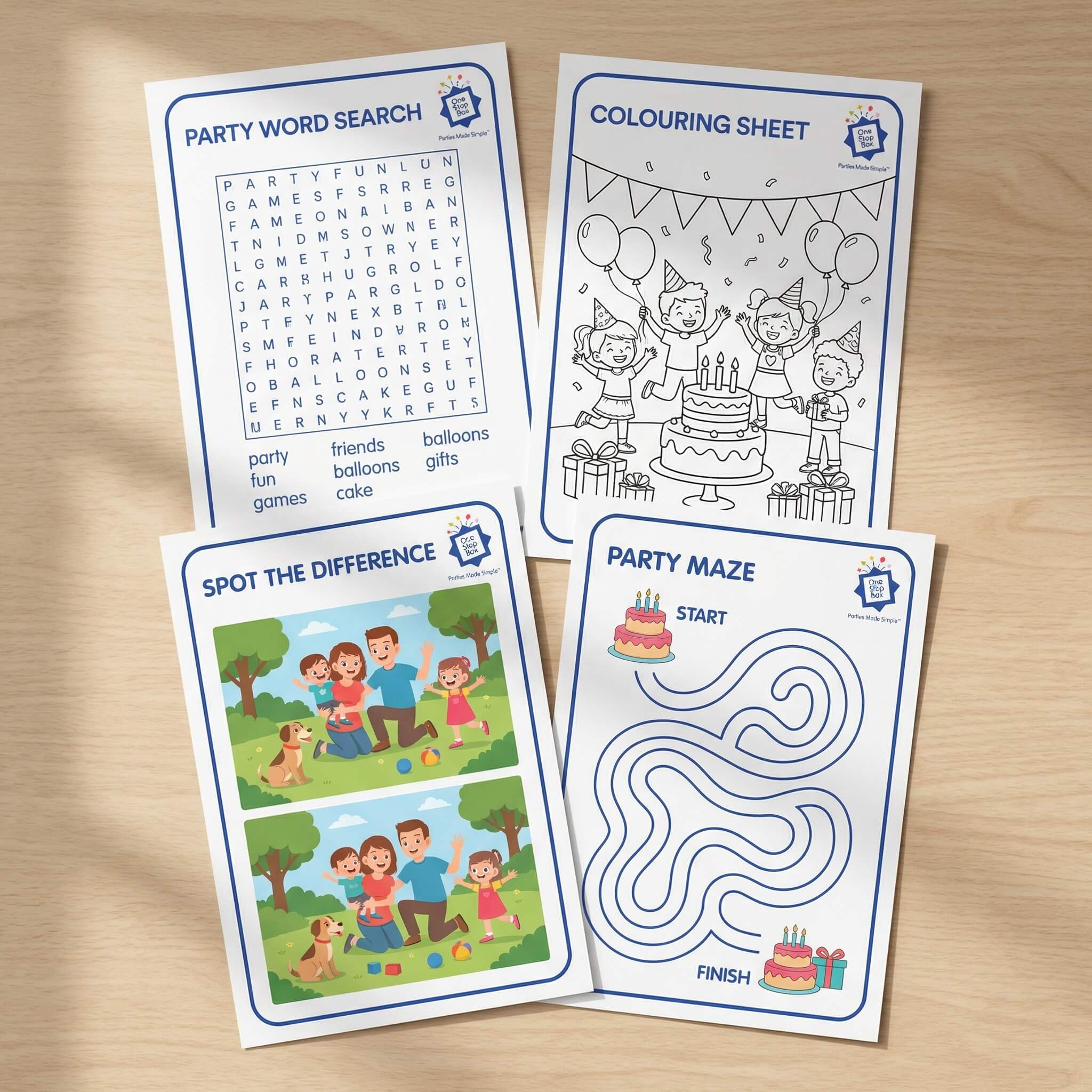 Kids party activity sheets including word search, colouring sheet, spot the difference and bonus kids party games, laid out on a timber surface.