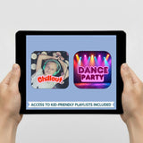 Person holding a tablet with music app icons for 'Chillout' and 'Dance Party' on a light gray background.