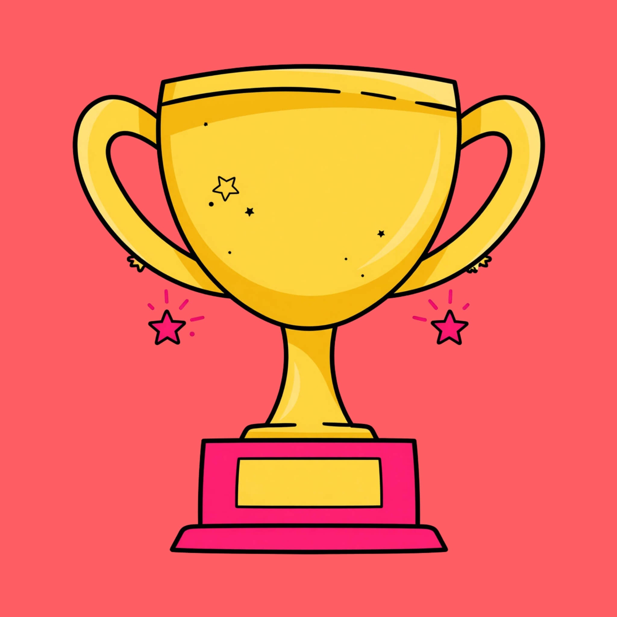Cartoon gold trophy with pink stars on a bright pink background, best seller icon for best selling kids party decorations collection.