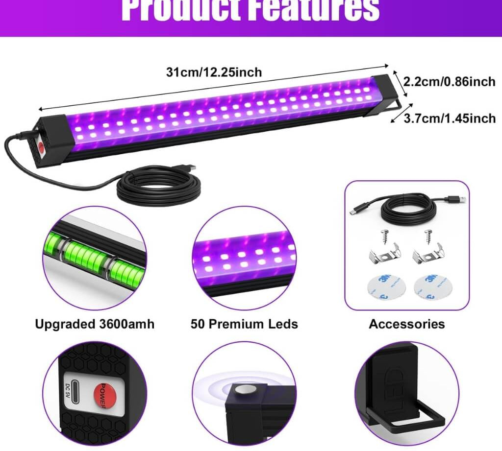 UV black light bar 31cm with 50 premium LEDs, 3600mAh battery, Type-C charging, magnetic mount and hook options for glow party decorations.