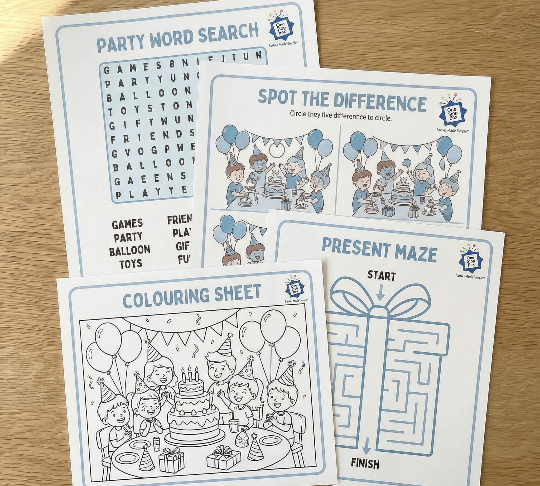 Blue themed party activity sheets including word search, spot the difference, present maze, and colouring sheet