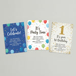 Three printable kids birthday party invitation designs including a blue balloon theme, colourful balloon theme and gold glitter first birthday design.