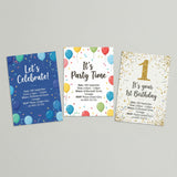 Three printable kids birthday party invitation designs including a blue balloon theme, colourful balloon theme and gold glitter first birthday design.