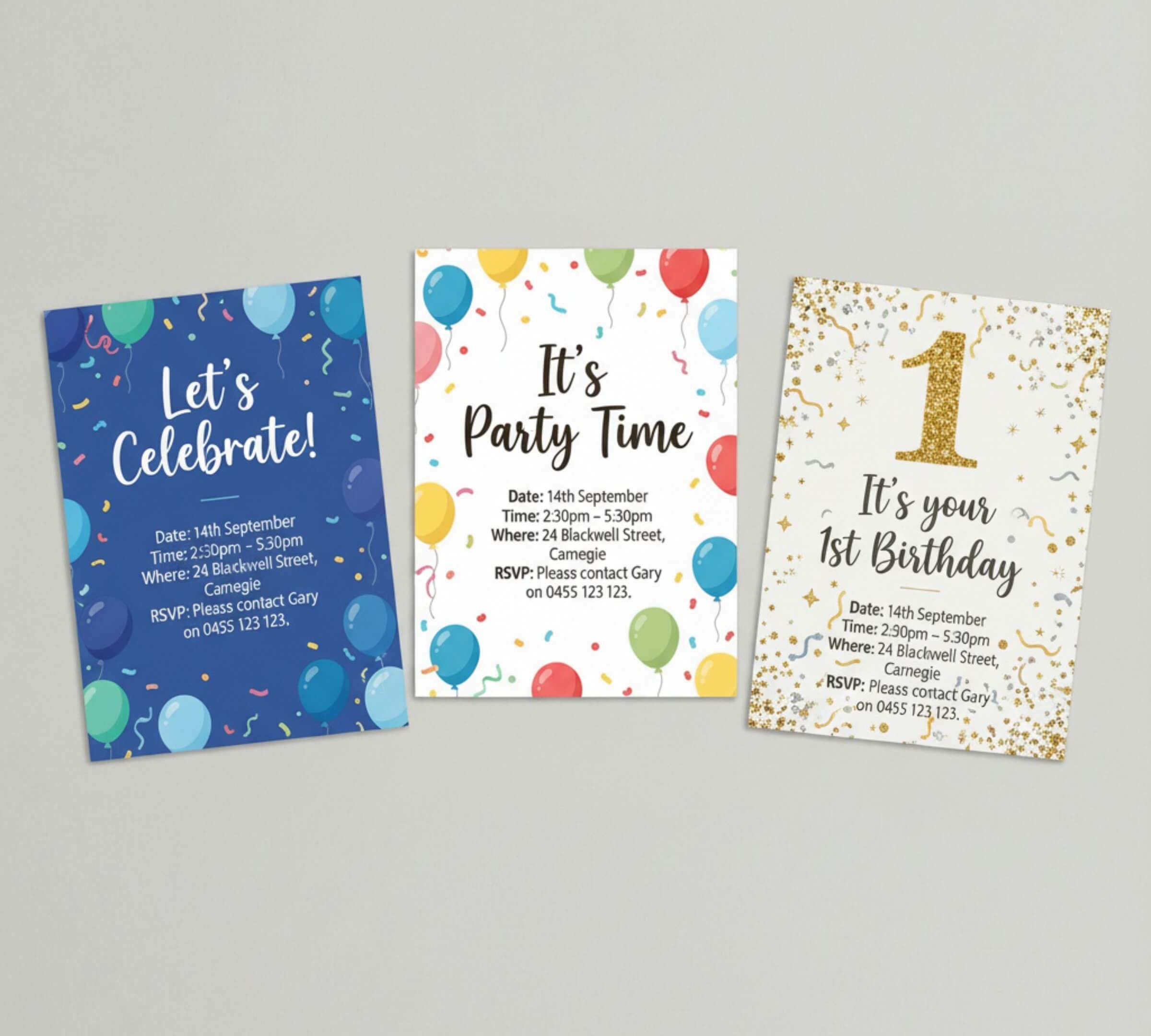Three printable blue themed kids birthday party invitation designs