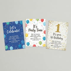 Three printable blue themed kids birthday party invitation designs
