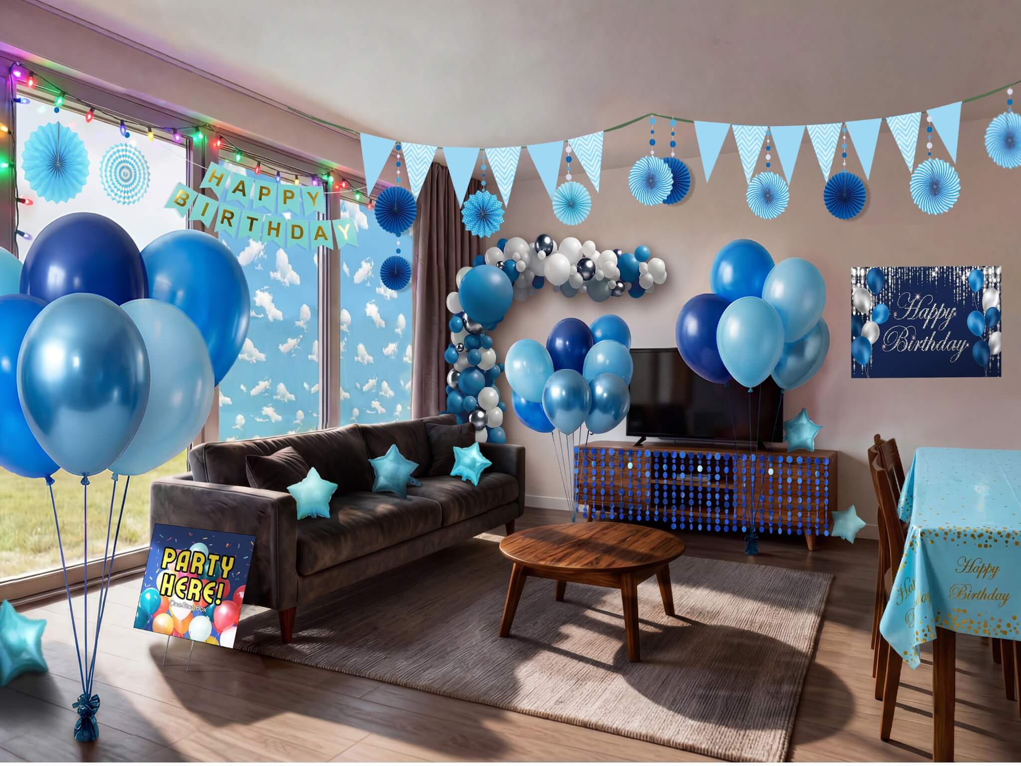 Living room fully decorated for a kids birthday party with blue balloon garland, paper fans, happy birthday bunting, star balloons, backdrop and table cover from a OneStopBox party decorations kit.