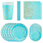 Blue-themed party tableware set with large plates, small plates, cups, straws and napkins