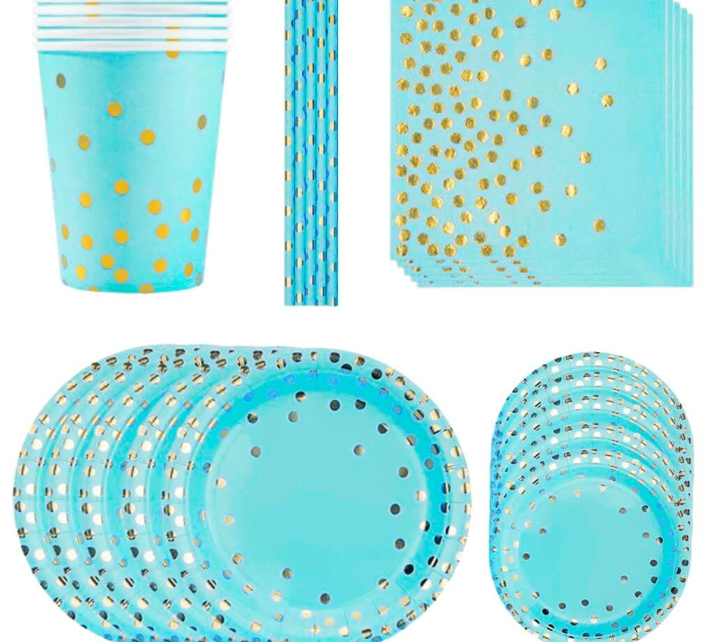 Blue-themed party tableware set with large plates, small plates, cups, straws and napkins