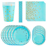 Blue-themed party tableware set with plates and napkins