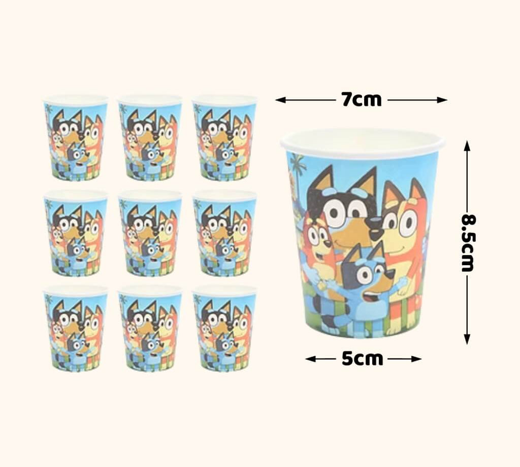 Set of Bluey themed paper cups with dimensions indicated on a white background