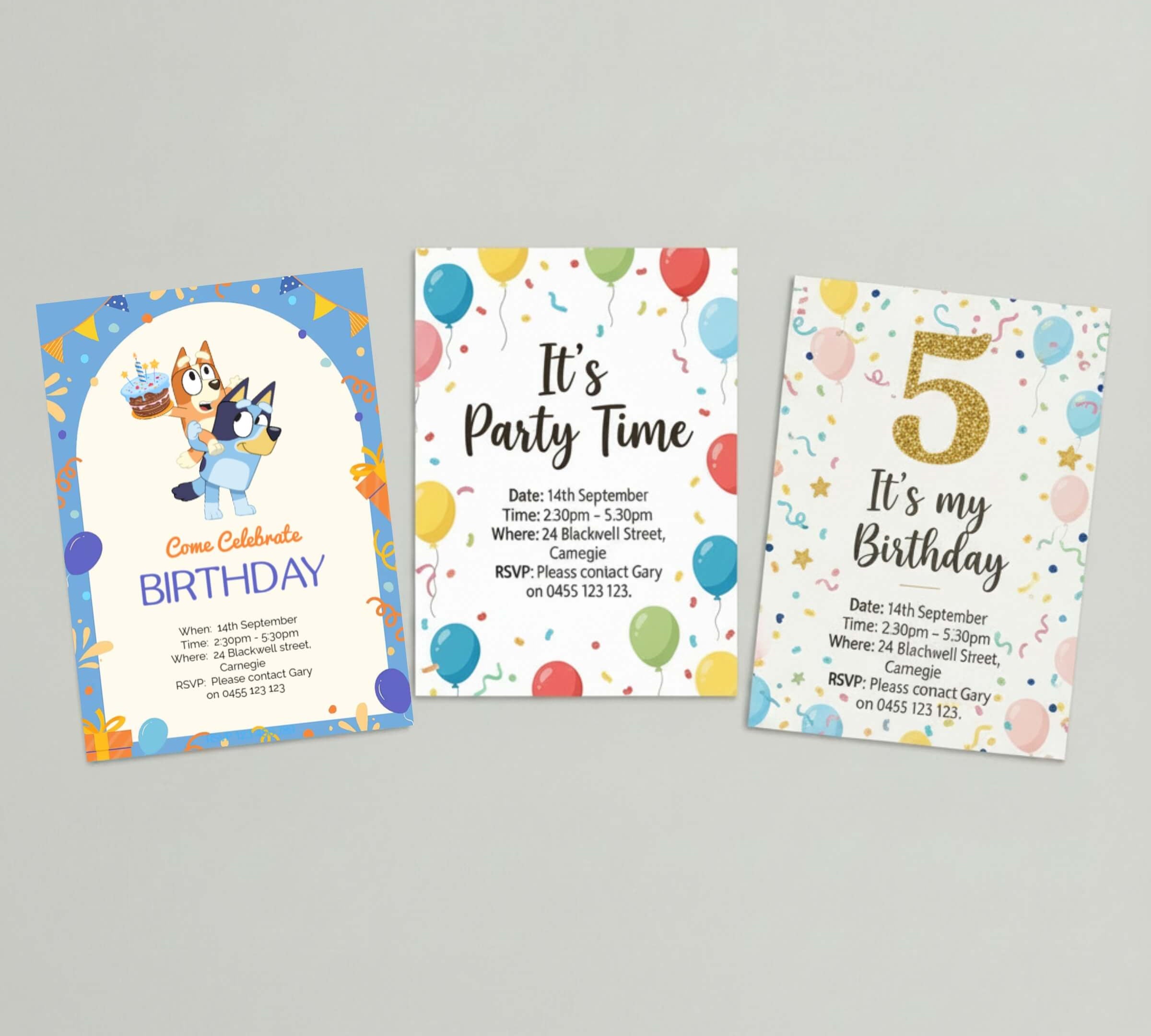 Three printable Bluey themed kids birthday party invitation designs