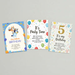 Three printable Bluey themed kids birthday party invitation designs