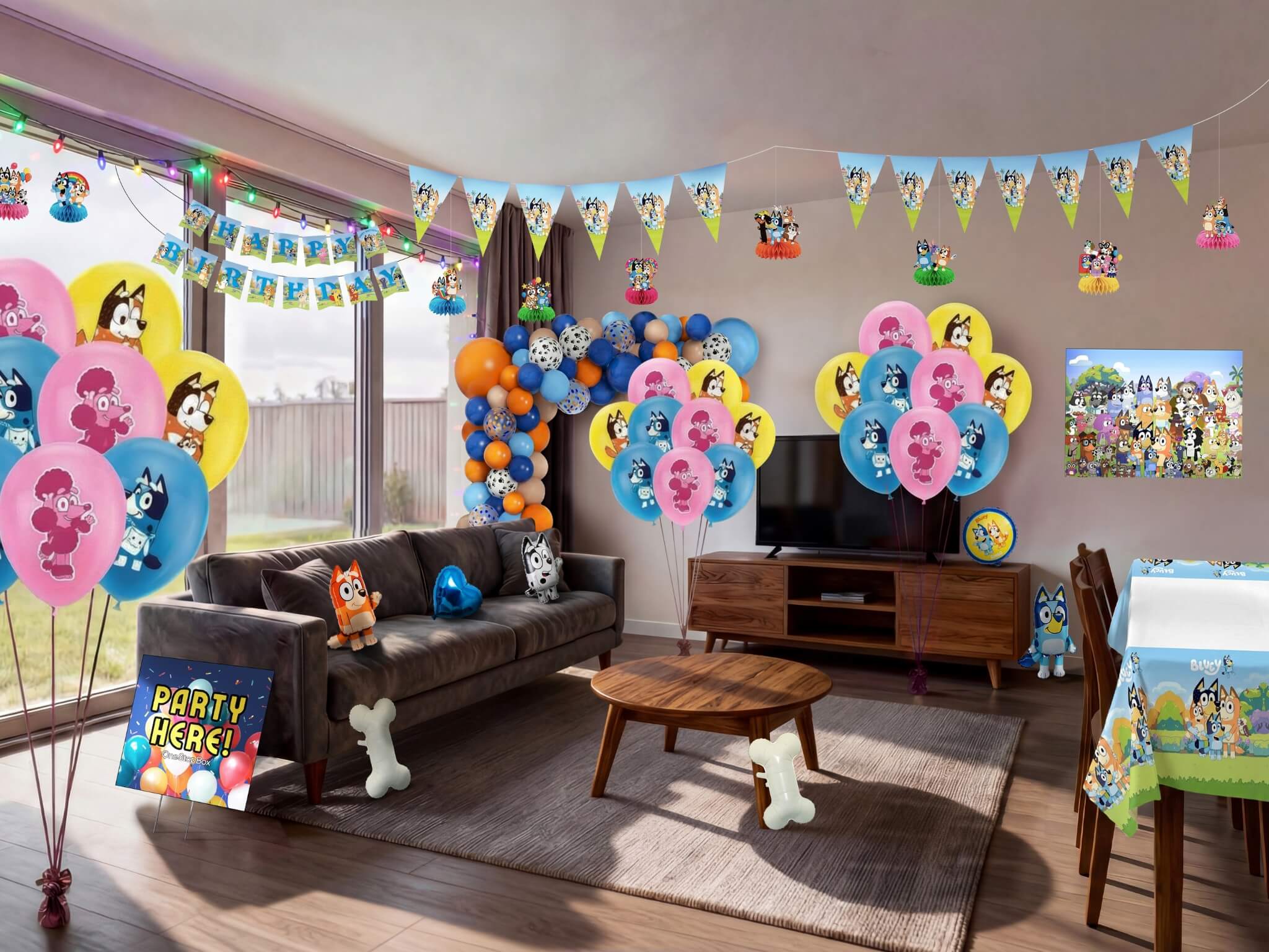 Complete Bluey themed kids birthday party decorations filling a living room, including character printed balloons, balloon garland, triangle bunting, honeycomb hangings, happy birthday banner, backdrop, table cover and plush toys from a OneStopBox all-in-one party kit.