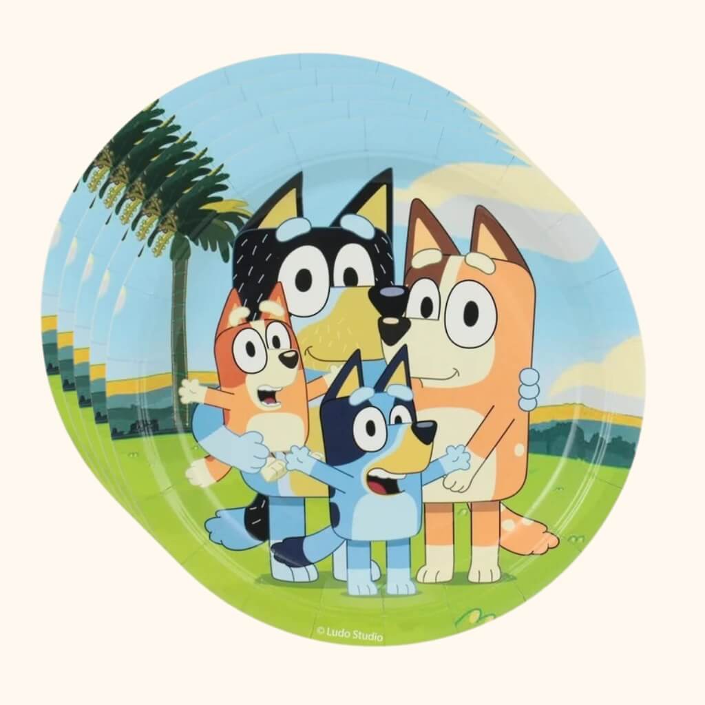 Bluey-themed party tableware with Bingo and friends