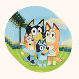 Bluey-themed party tableware with Bingo and friends