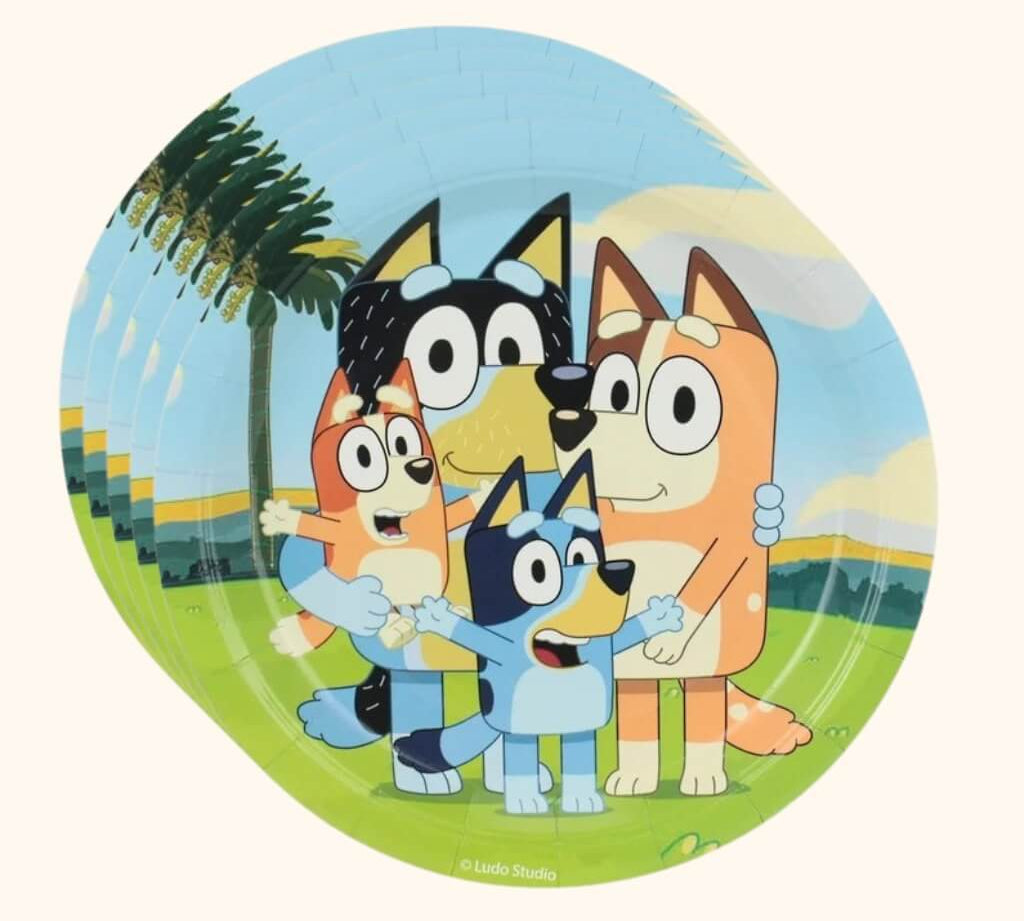 Bluey-themed party tableware with Bingo and friends