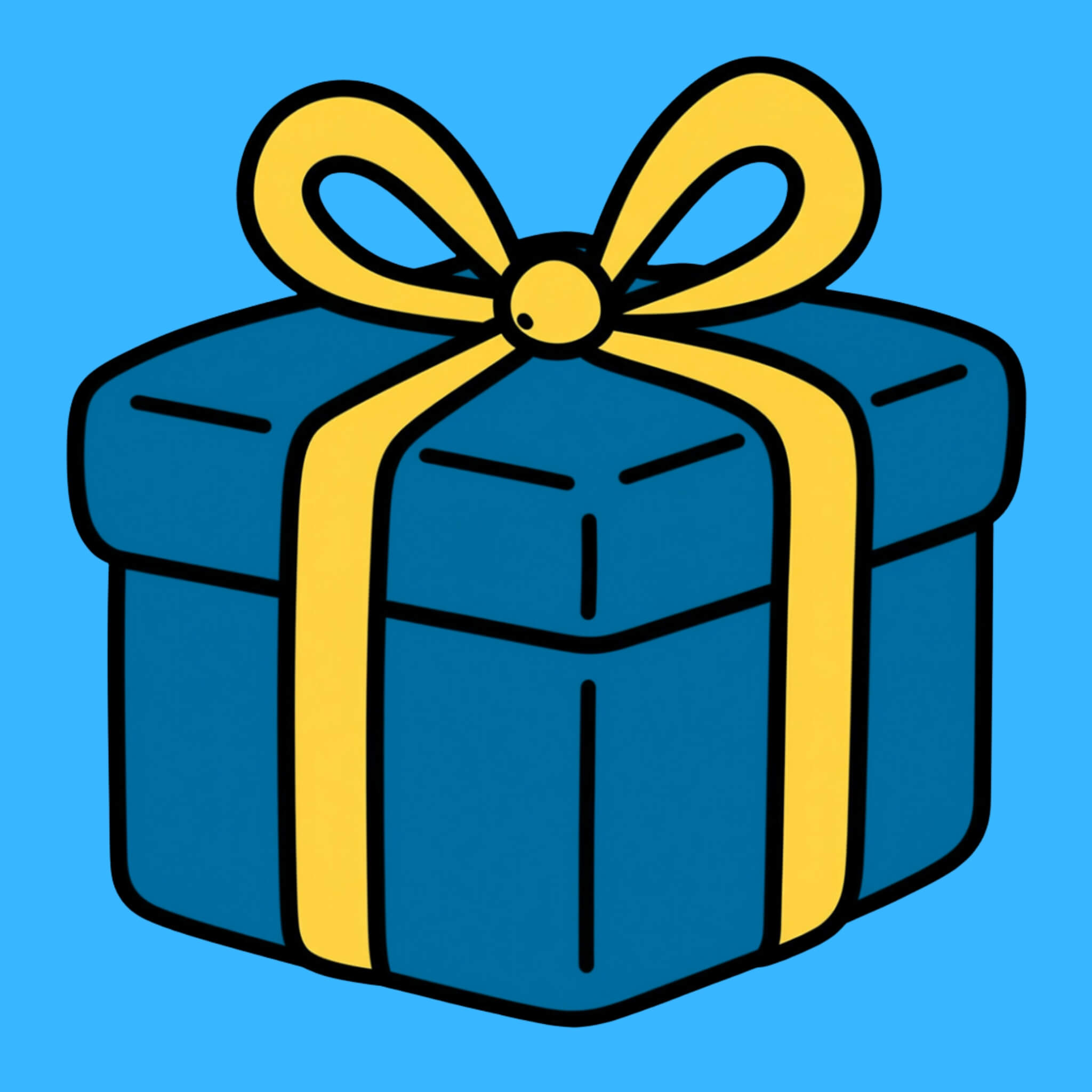 Blue gift box with a yellow ribbon on a blue background for boys kids party ideas