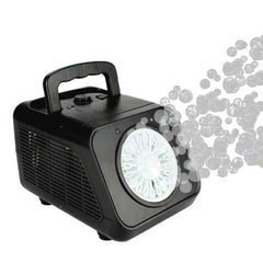 Portable black party bubble machine with carry handle blowing bubbles, kids party decorations accessory.