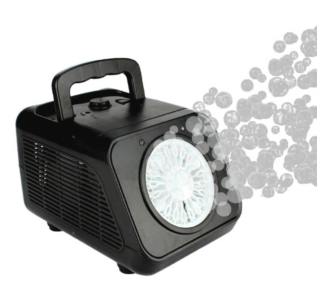 Portable black party bubble machine with carry handle blowing bubbles, kids party decorations accessory.