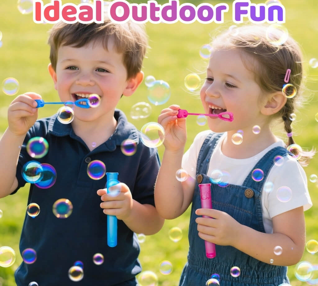 Two young children blowing bubbles outdoors with mini bubble wands, kids party activity and favour.