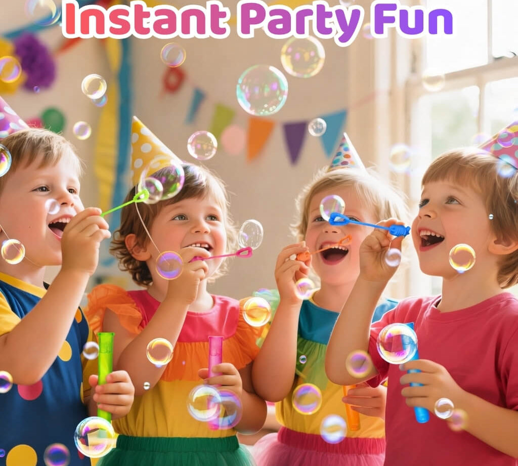 Four young children laughing and blowing bubbles with mini wands at a kids birthday party with colourful bunting and party hats.