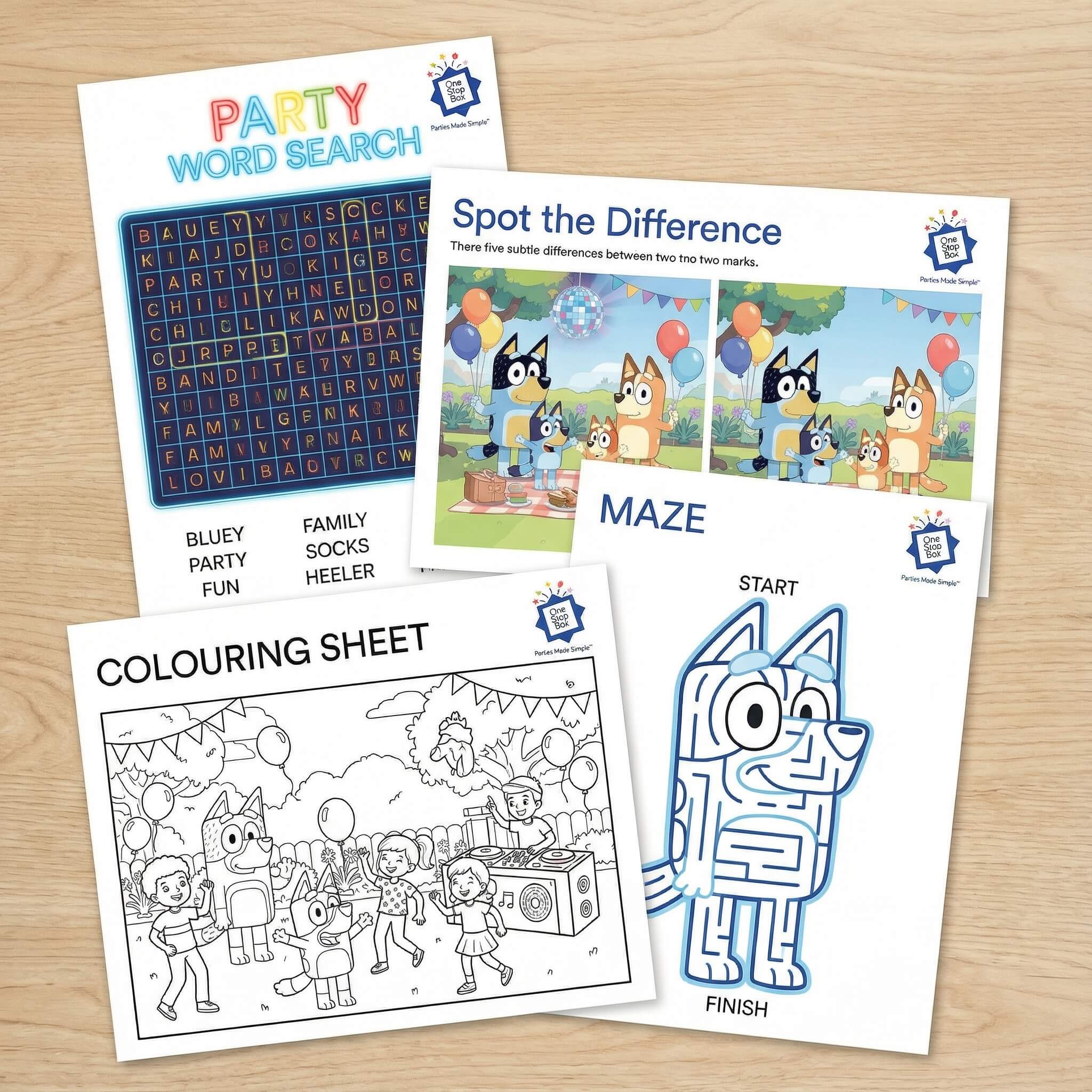 OneStopBox Bluey themed kids party activity sheets including word search, spot the difference, and colouring sheet, laid out on a timber surface.