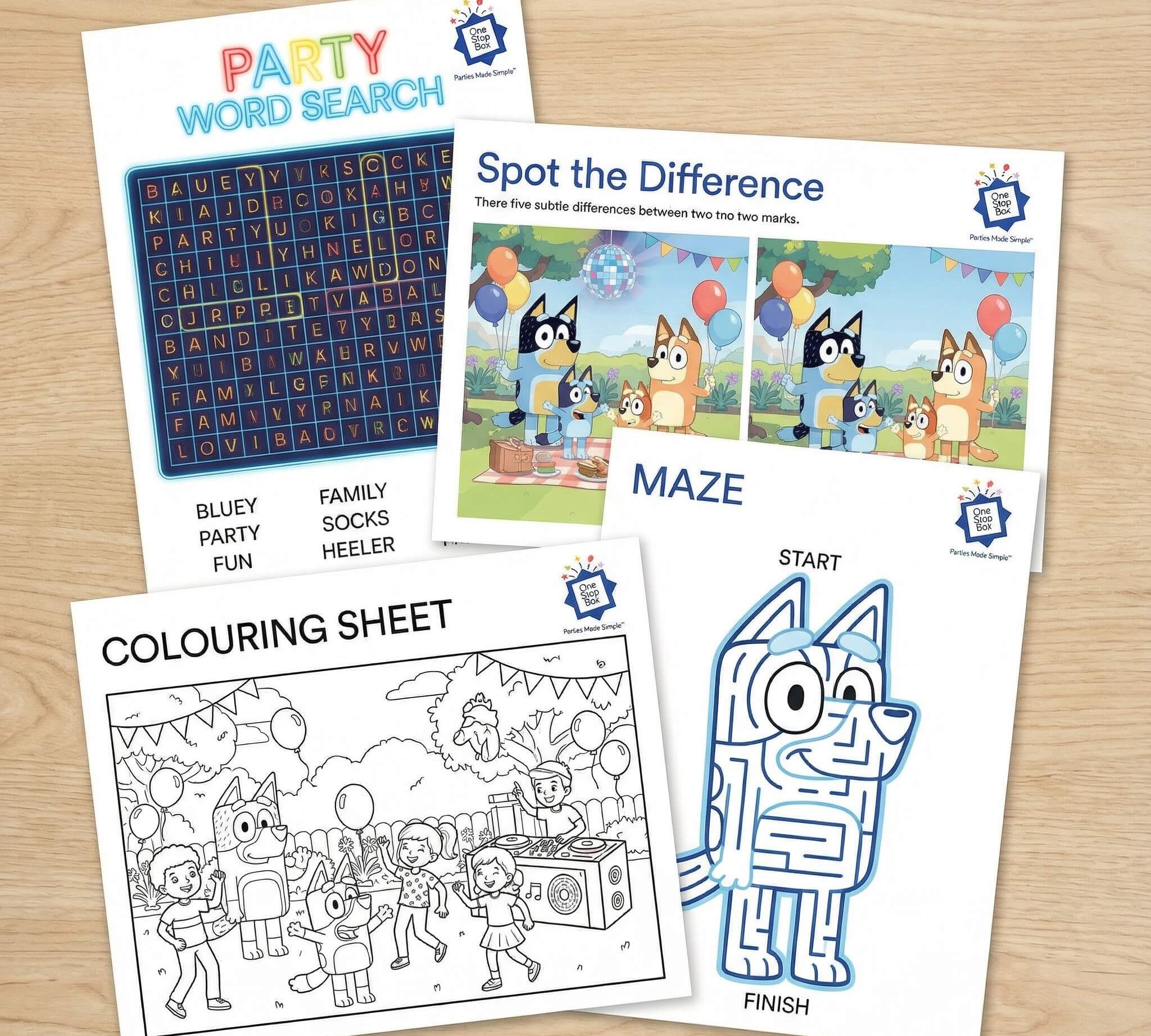 Bluey themed kids party activity sheets including word search, spot the difference, and colouring sheet