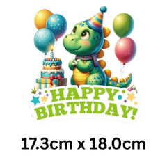 Cute dinosaur happy birthday cake topper 17.3cm x 18cm with balloons and birthday cake illustration, for kids dinosaur party decorations.