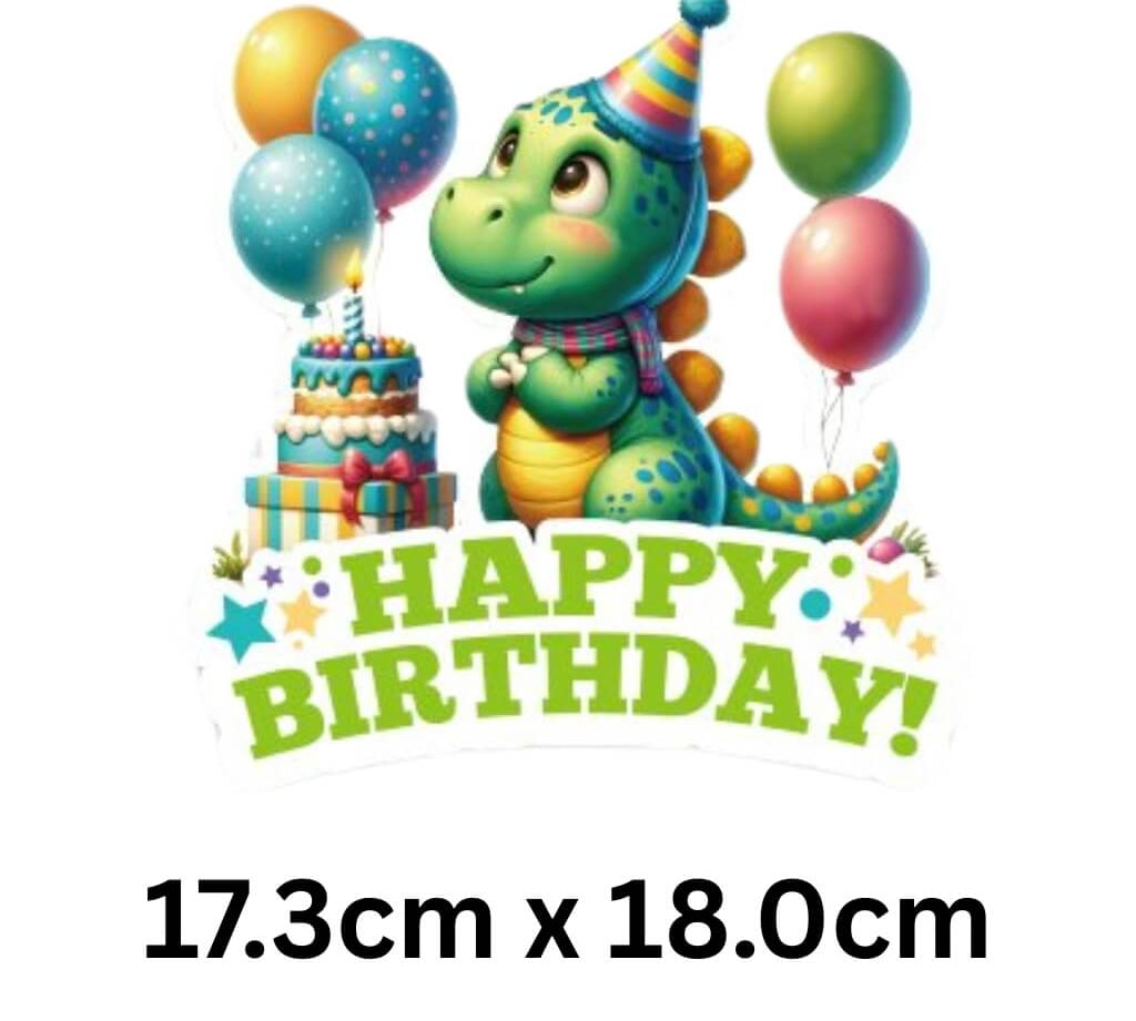 Cute dinosaur happy birthday cake topper 17.3cm x 18cm with balloons and birthday cake illustration, for kids dinosaur party decorations.