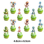 Set of dinosaur character cupcake toppers 4.8cm x 6.5cm on green iced cupcakes, for kids dinosaur party decorations.