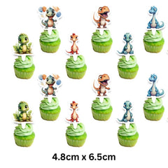 Set of dinosaur character cupcake toppers 4.8cm x 6.5cm on green iced cupcakes, for kids dinosaur party decorations.