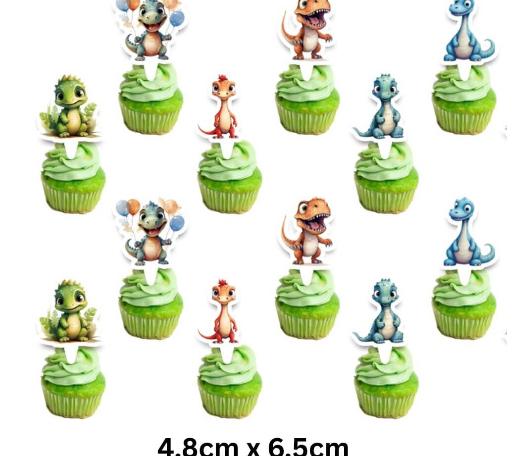 Set of dinosaur character cupcake toppers 4.8cm x 6.5cm on green iced cupcakes, for kids dinosaur party decorations.