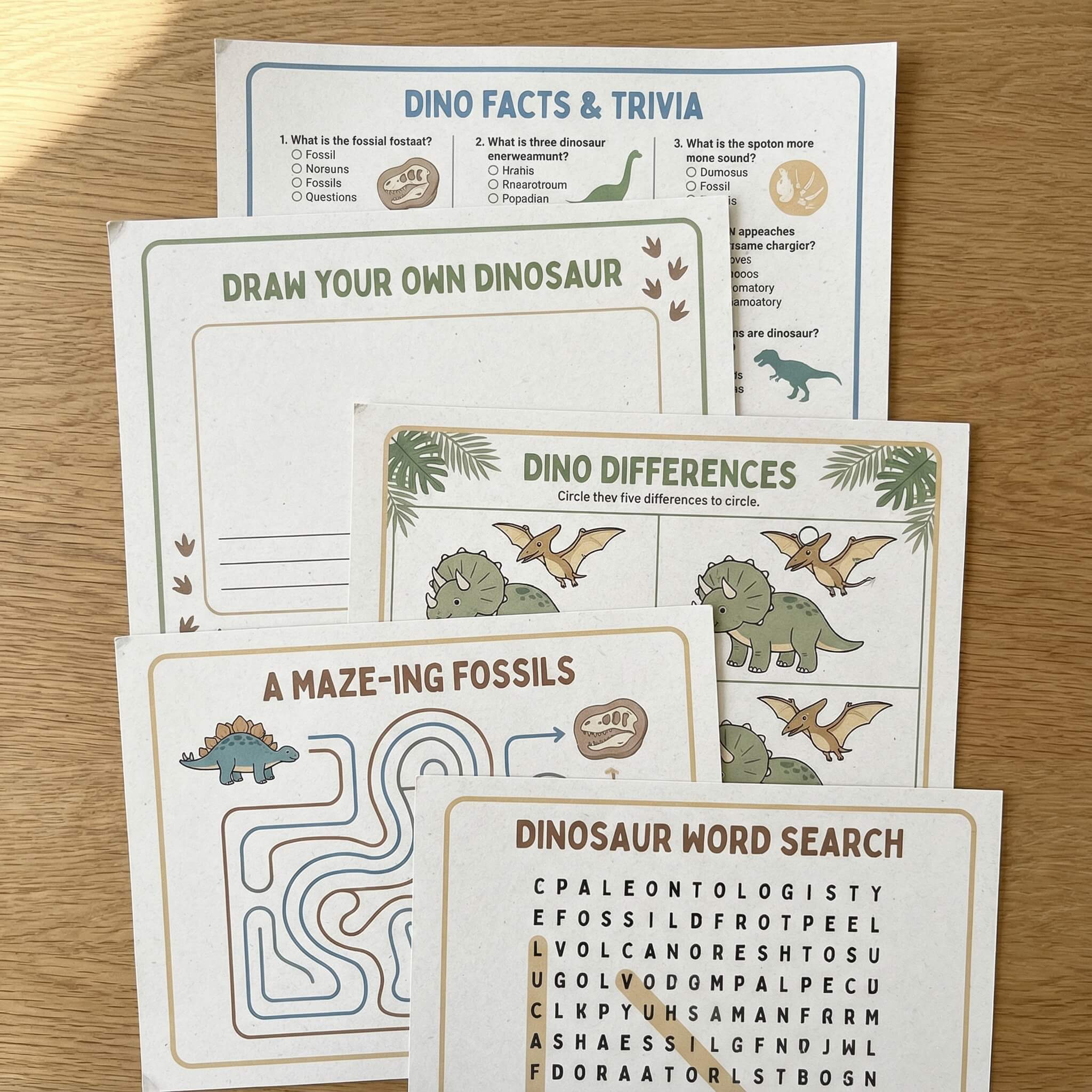 OneStopBox dinosaur themed kids party activity sheets including word search, spot the difference and colouring sheet, laid out on a timber surface.