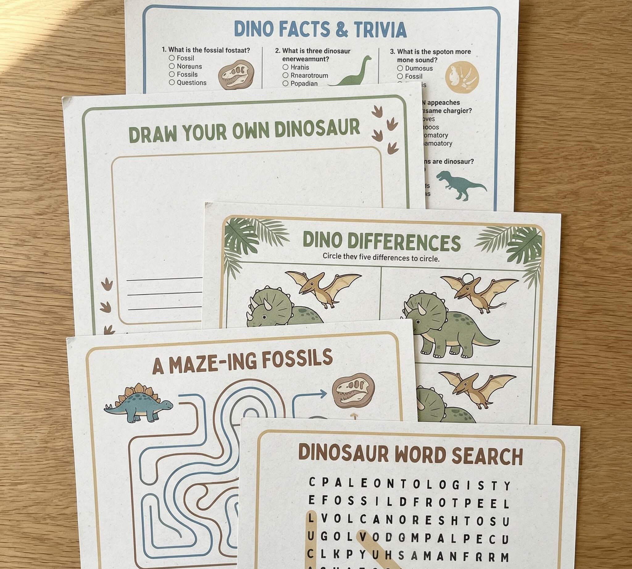 Dinosaur themed kids party activity sheets including word search, spot the difference and colouring sheet