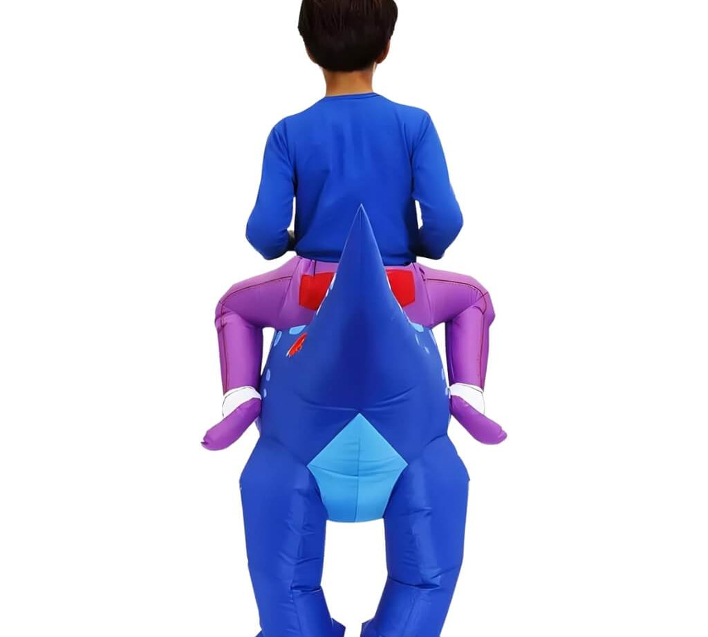Inflatable costume with a shark design, worn by a child on a white background