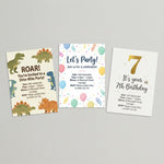 Three printable kids birthday party invitation designs including a dinosaur theme, colourful balloon theme and gold numbered birthday design.