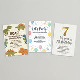 Three printable kids birthday party invitation designs including a dinosaur theme, colourful balloon theme and gold numbered birthday design.