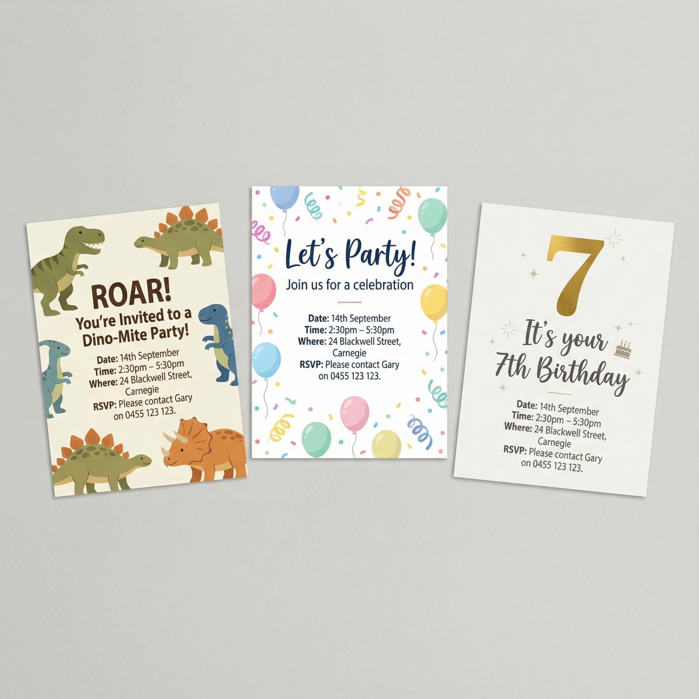 Three printable kids birthday party invitation designs including a dinosaur theme, colourful balloon theme and gold numbered birthday design.