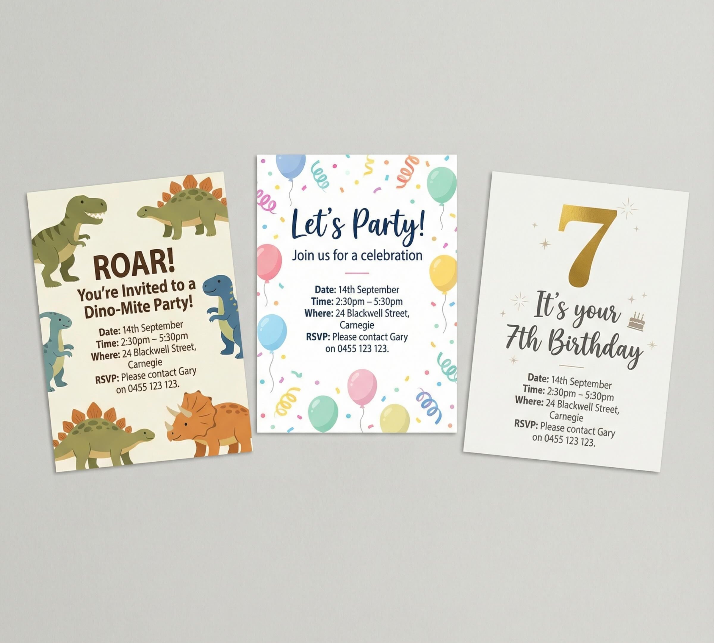 Three printable dinosaur themed kids birthday party invitation designs