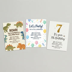 Three printable dinosaur themed kids birthday party invitation designs